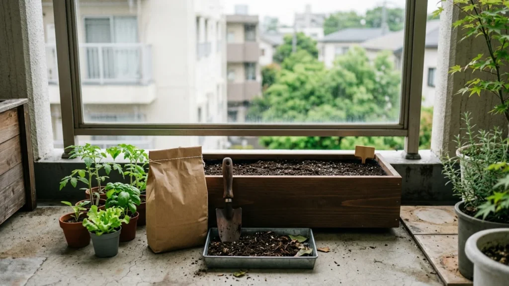 野菜苗とプランター、培養土を並べたベランダの植え付け準備