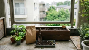 野菜苗とプランター、培養土を並べたベランダの植え付け準備