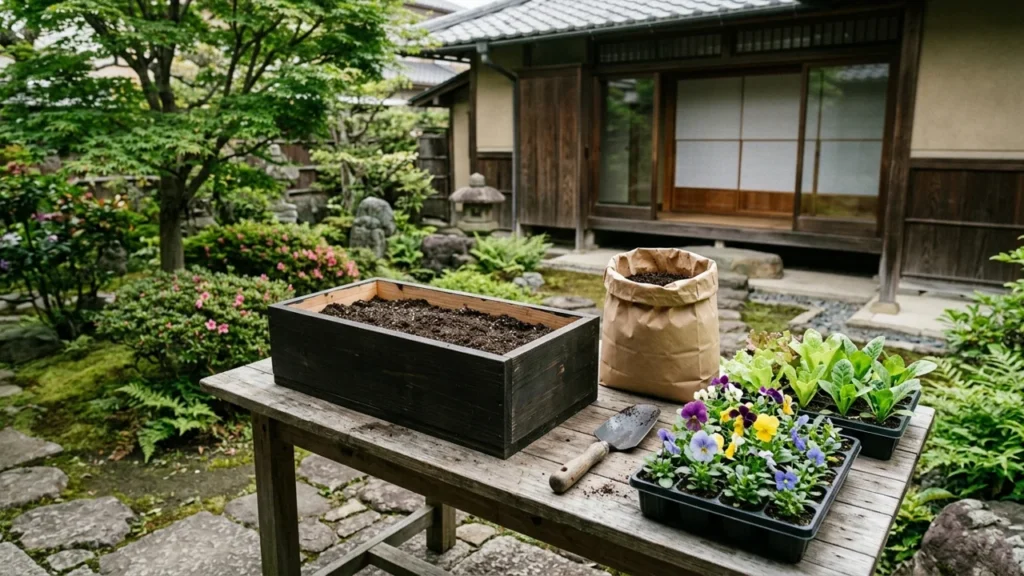 苗とプランターを並べて培養土選びの準備をする作業台