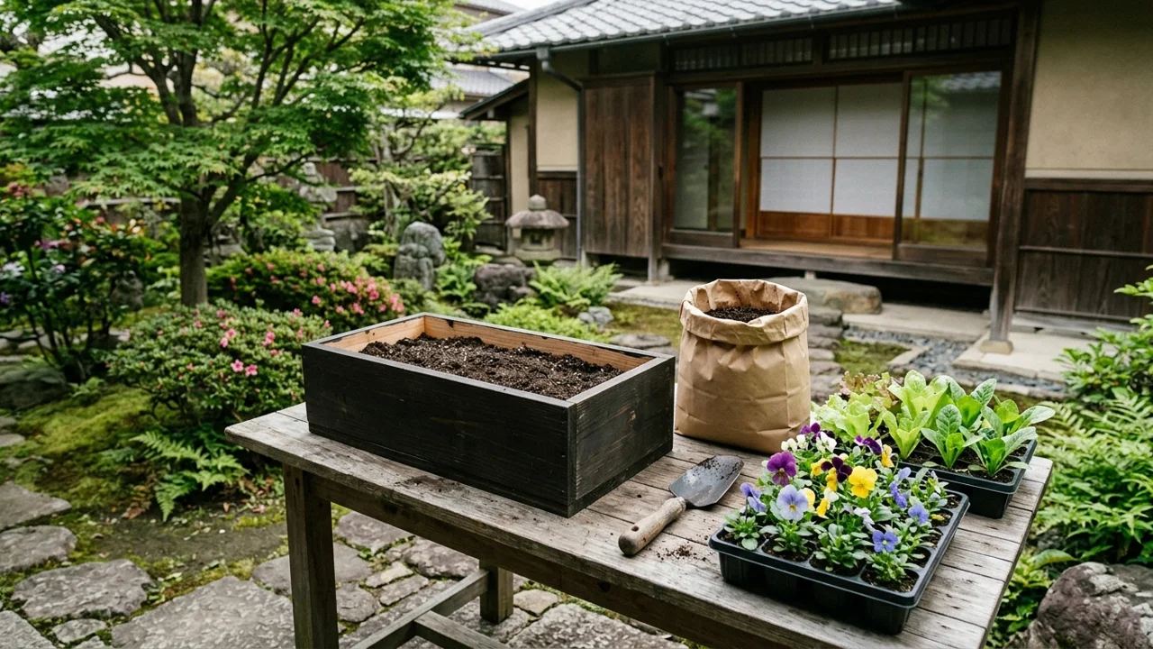 苗とプランターを並べて培養土選びの準備をする作業台
