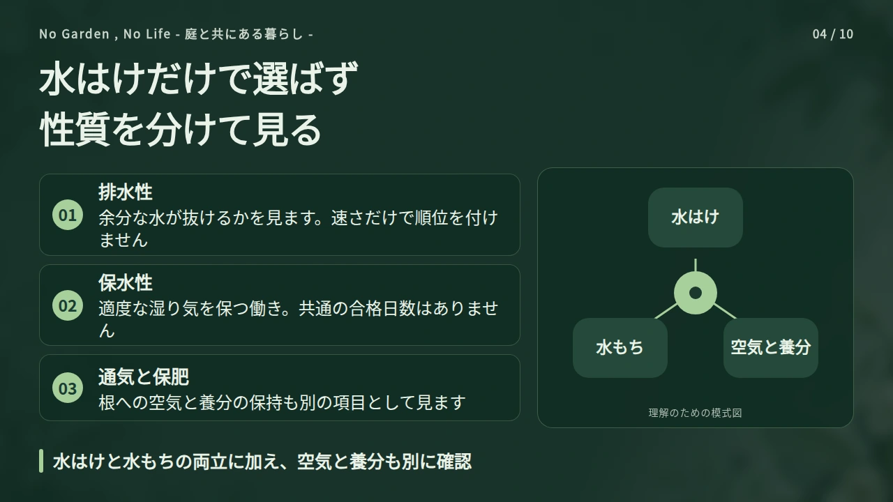 水はけ・水もち・通気性・保肥性を分けて見るの要点と図解