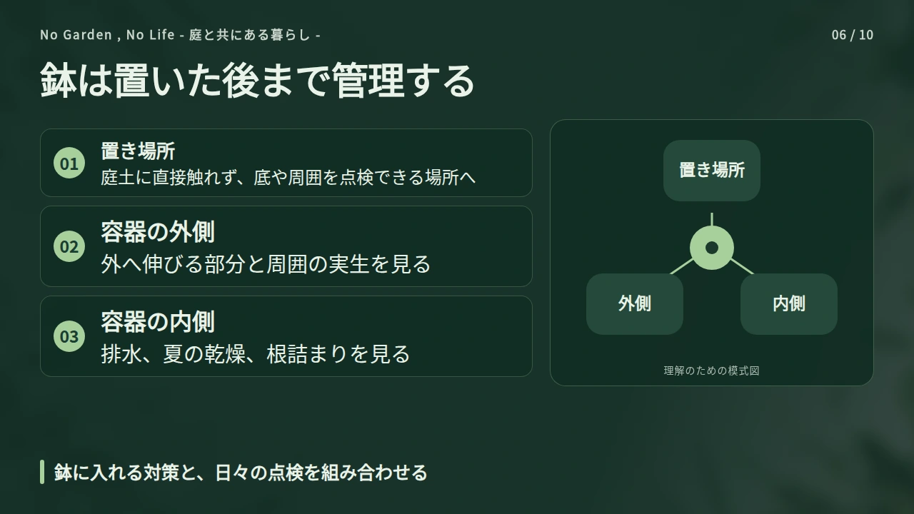 鉢植えは置き場所と容器の内外をセットで管理するの要点と図解