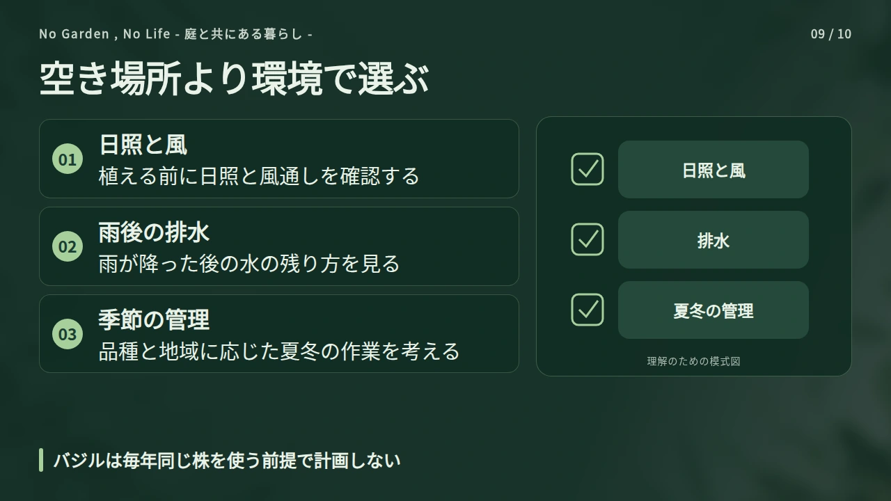 日照・水分・季節が合うかで庭植えを判断するの要点と図解