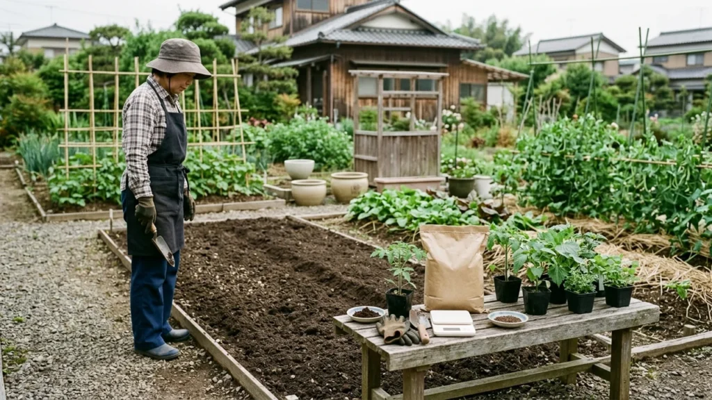 植え付け前の菜園で、苗と計量道具を並べて土づくりの条件を確かめる場面