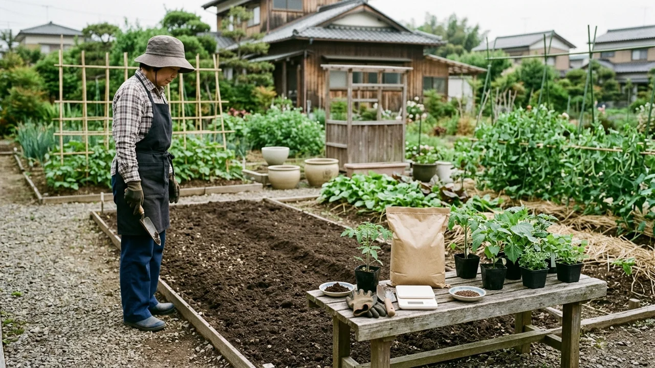 植え付け前の菜園で、苗と計量道具を並べて土づくりの条件を確かめる場面