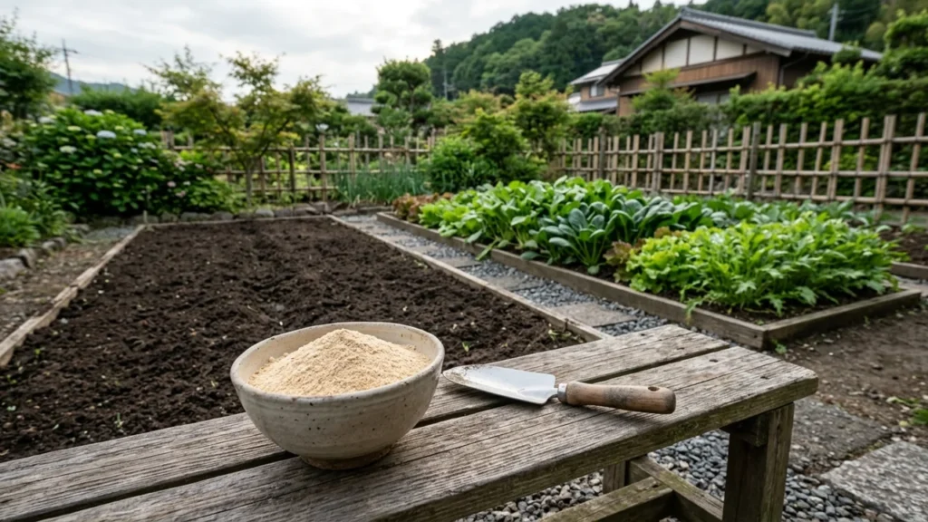米ぬかを入れた器と、作付け前の土と野菜の育つ畝が分かれた家庭菜園