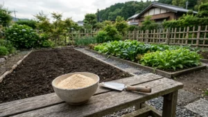 米ぬかを入れた器と、作付け前の土と野菜の育つ畝が分かれた家庭菜園