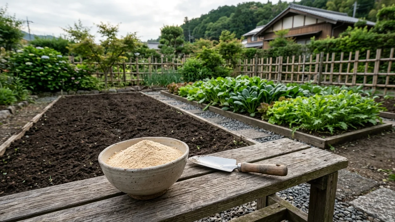 米ぬかを入れた器と、作付け前の土と野菜の育つ畝が分かれた家庭菜園