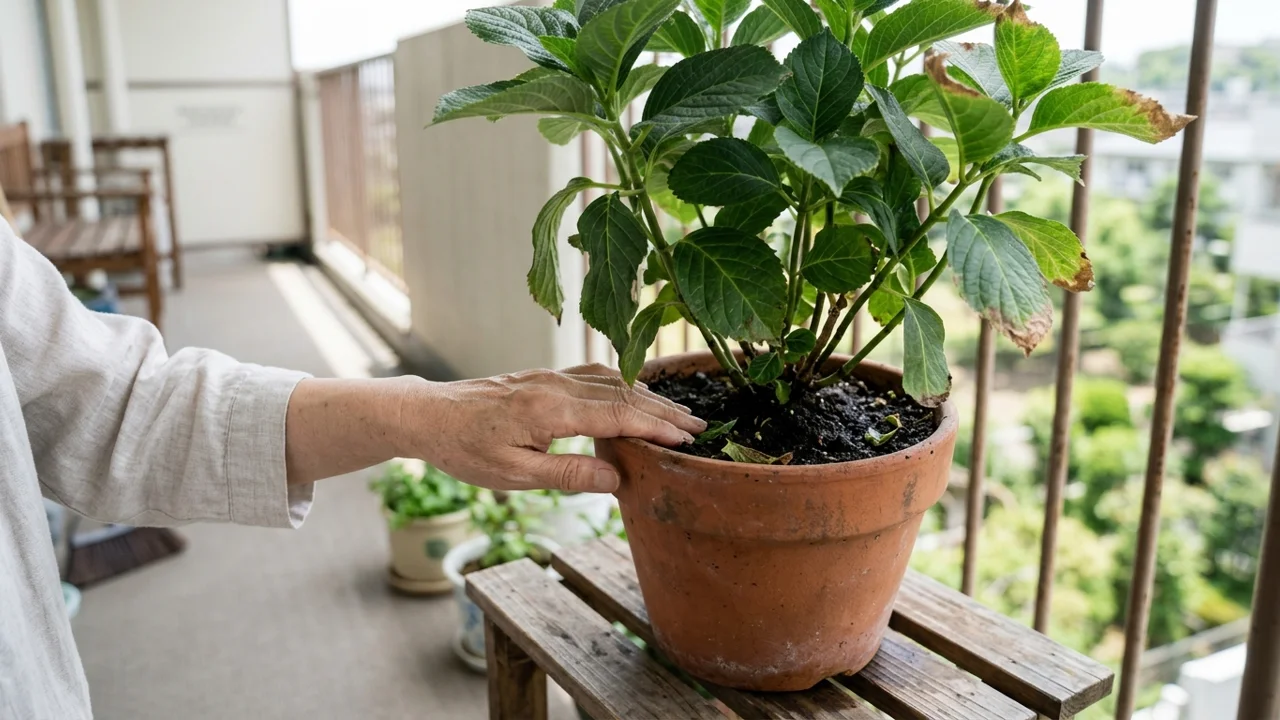 木製の鉢台に置いた紫陽花の葉先と土の状態を、朝のベランダで確かめる様子