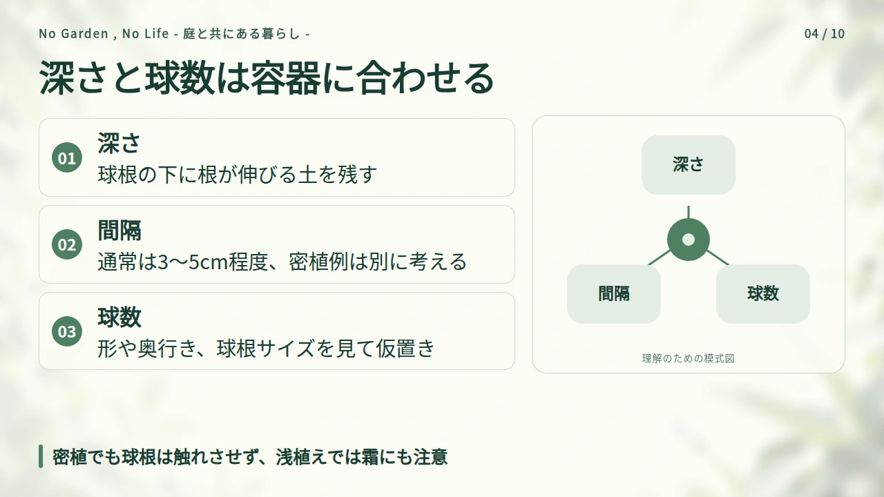 植える深さ・間隔・球数を容器に合わせて決めるの要点と図解