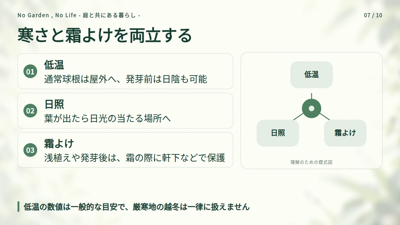 寒さ・日照・霜への対応を生育段階で変えるの要点と図解