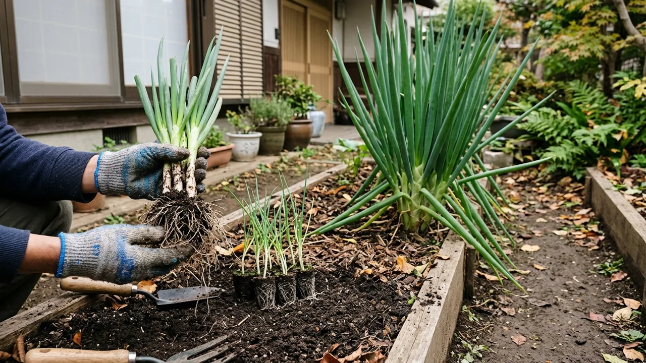 家庭菜園で根を残して持ち上げたネギの株と、植え付け前の長ネギ苗を並べた様子