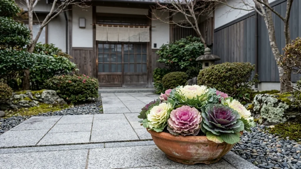 冬の玄関先で白や紫の色づいた葉を広げる鉢植えの葉牡丹