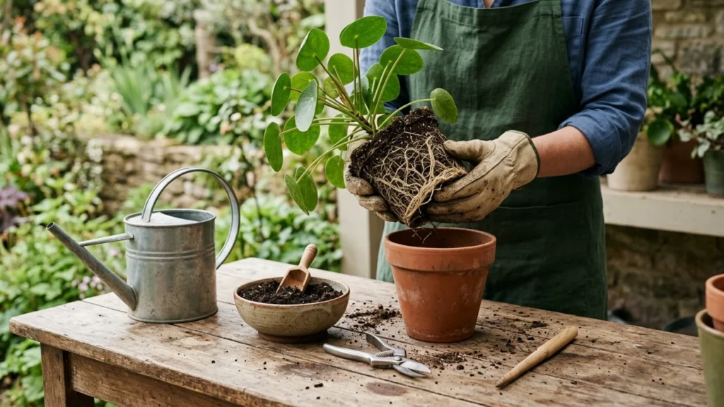 鉢植えの根鉢を手で支え、ひと回り大きい鉢と土や道具をそろえて植え替える様子